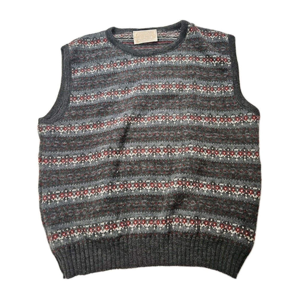 Pendleton Vintage Fair Isle Wool Sweater Vest Medium Grey Red Made in USA